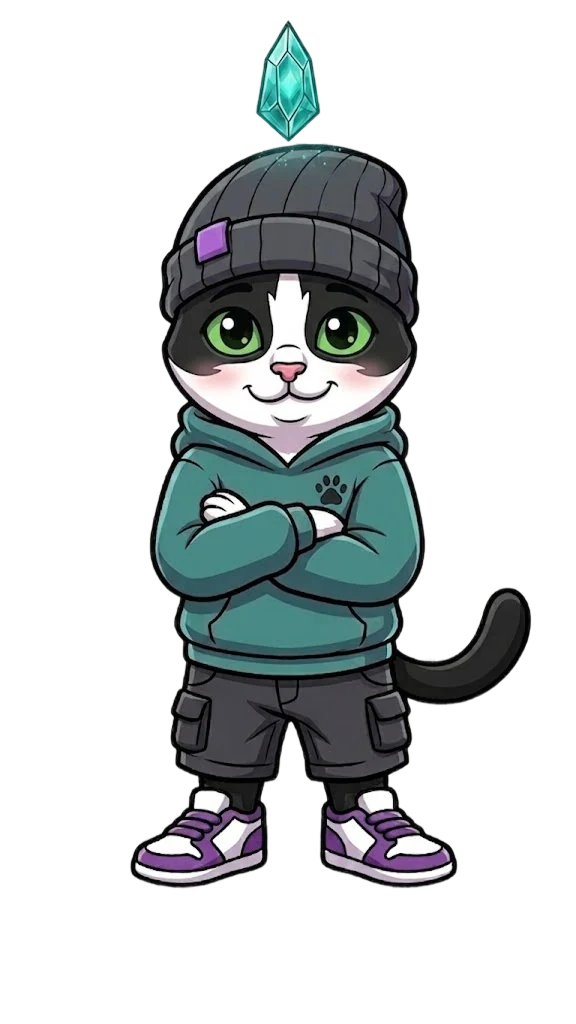 Paco, la mascotte de Sameva : un chat tuxedo en sweat à capuche teal, bonnet gris et baskets violettes, un cristal turquoise flottant au-dessus de la tête.
